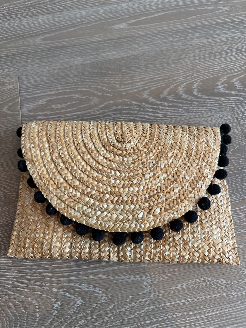 Shiraleah Natural Straw Clutch with Black Pom Trim